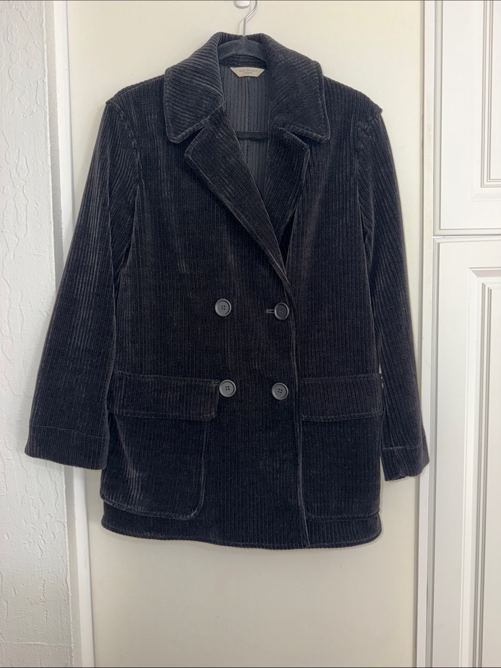 Max Studio Double-Breasted Corduroy Pea Coat in Black | M (size tag missing)